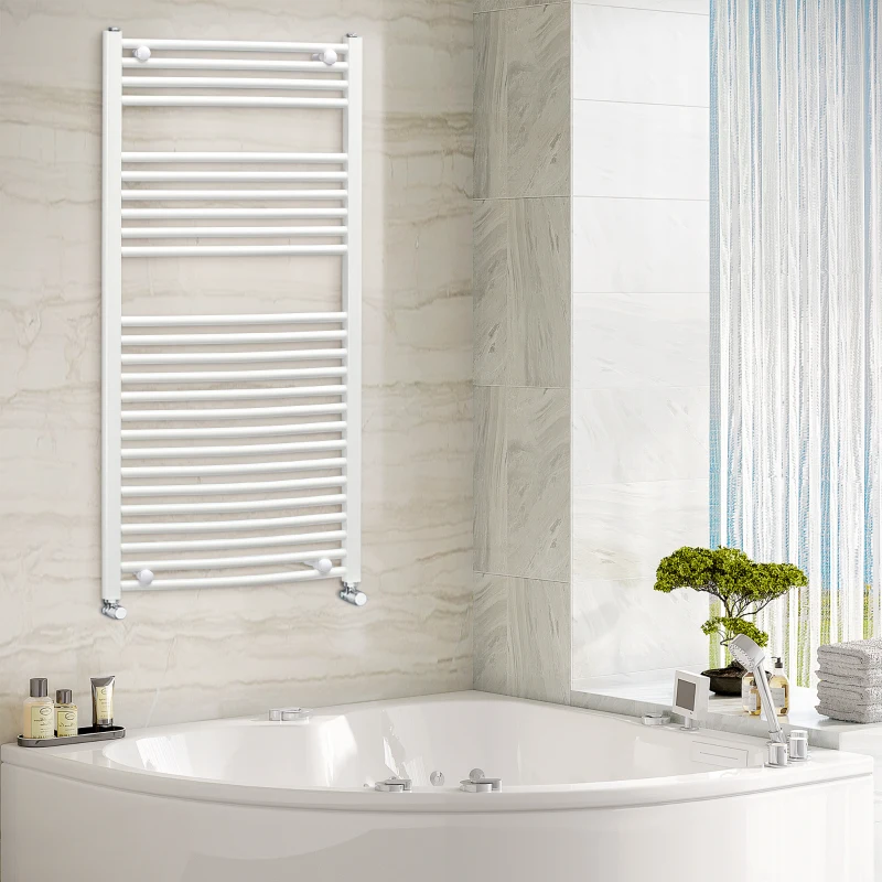 HOMCOM Curved Heated Towel Rail, Hydronic Bathroom Ladder Radiator Towel Warmer For Central Heating 600mm x 1200mm, White