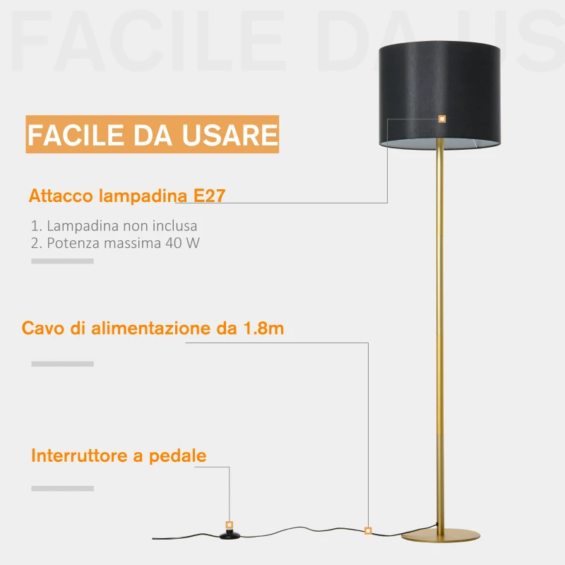 HOMCOM Lampada a Piantana da Terra con Paralume in Stoffa, Lampada da Terra Moderna per Soggiorno, Camera da Letto e Ufficio, Nero e Oro