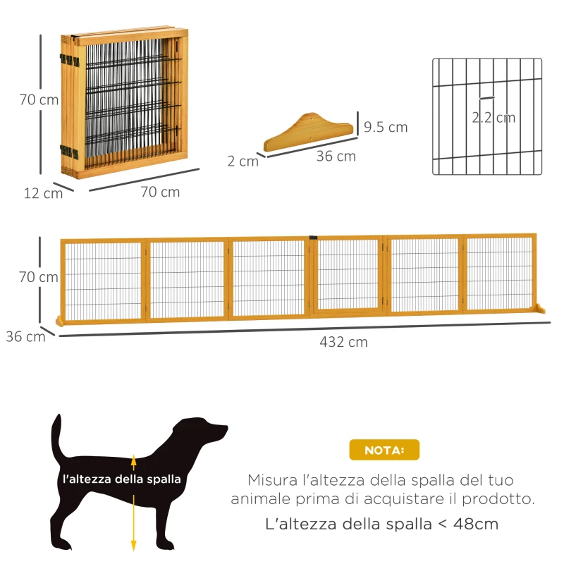 PawHut Cancelletto per Cani di Piccola/Media Taglia in Legno e Acciaio con 6 Pannelli Pieghevoli, 432x36x70cm