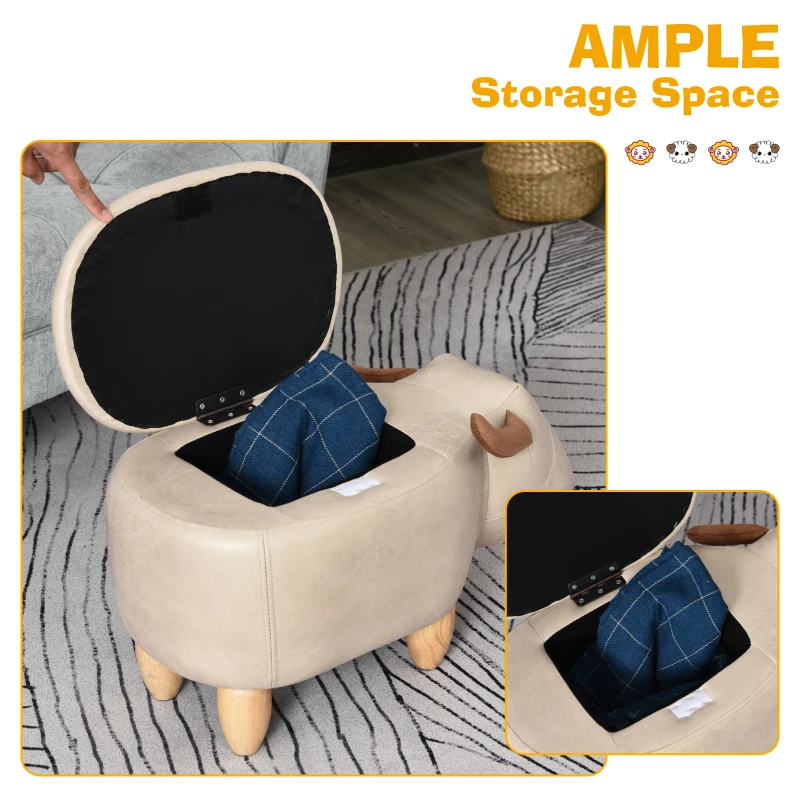 HOMCOM Animal footstool Buffalo Storage Stool Cute Decoration Wood Frame Legs w/Padding Lid Ottoman Furniture Ivory