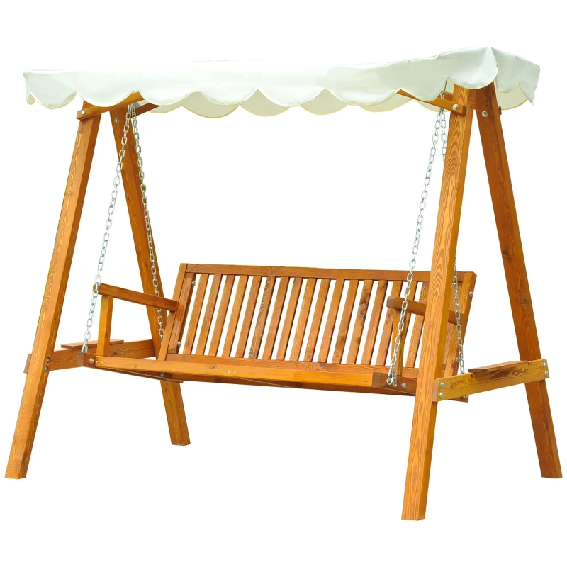 Outsunny 3 Seater Garden Swing Seat with Canopy, Wooden Swing Chair, Outdoor Hammock Bench for Balcony Patio Porch, Cream White