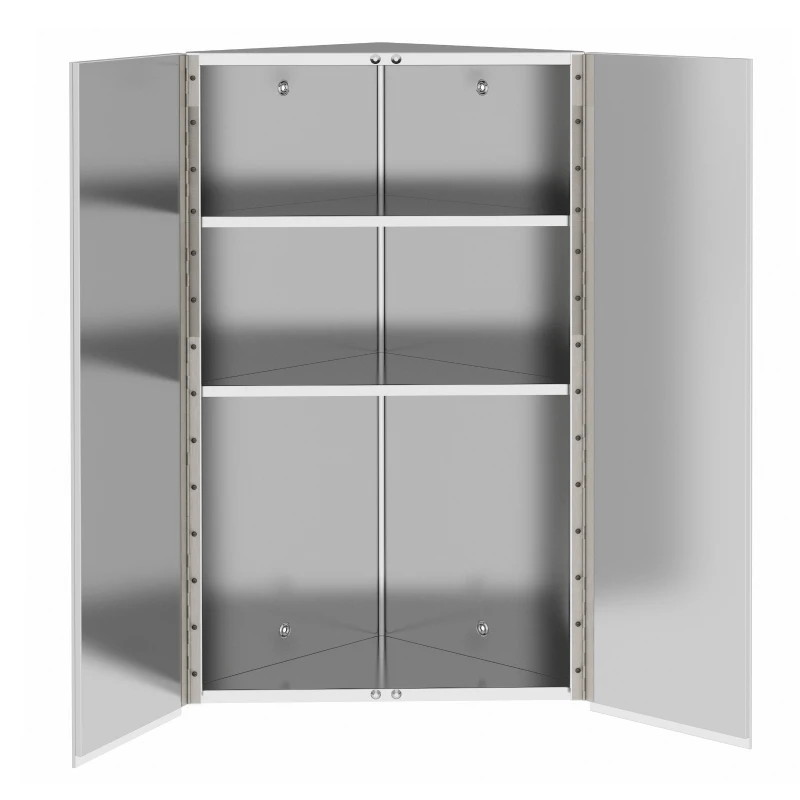 kleankin Corner Mirrored Bathroom Cabinet w/ 3 Shelves 2 Doors On-Wall Storage Unit Organiser Stainless Steel Frame Home Furnishing