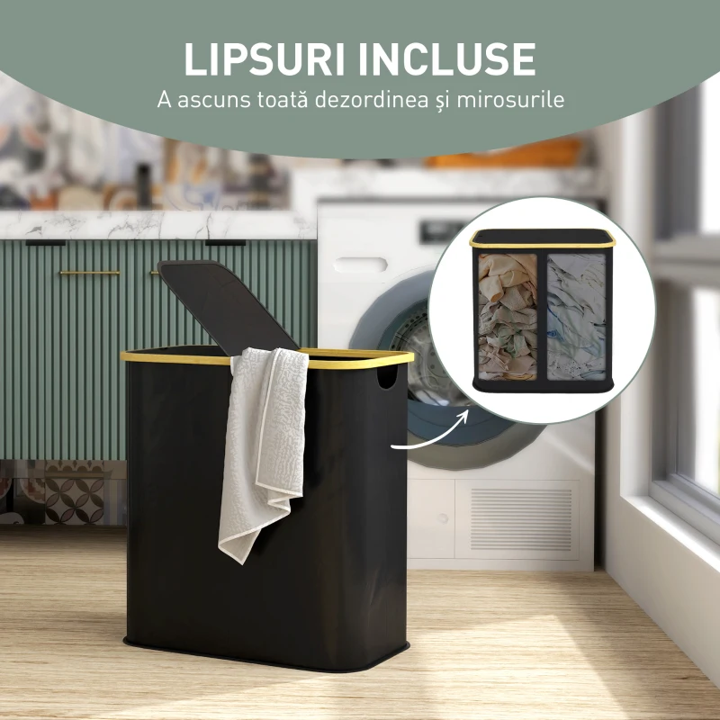 HOMCOM Coș pentru Rufe de 80L cu 2 Secțiuni și Capac din Material Textil și Bambus, 54x34x58,5 cm, Negru