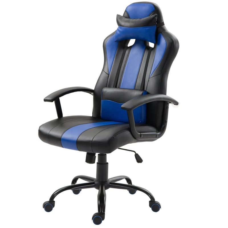 Vinsetto Sedia da Gaming Ergonomica con Cuscino Poggiatesta, Sedia da Ufficio con Lombare Altezza Regolabile e Funzione Dondolo, Nero e Blu, 73 x 64 x 112-122 cm