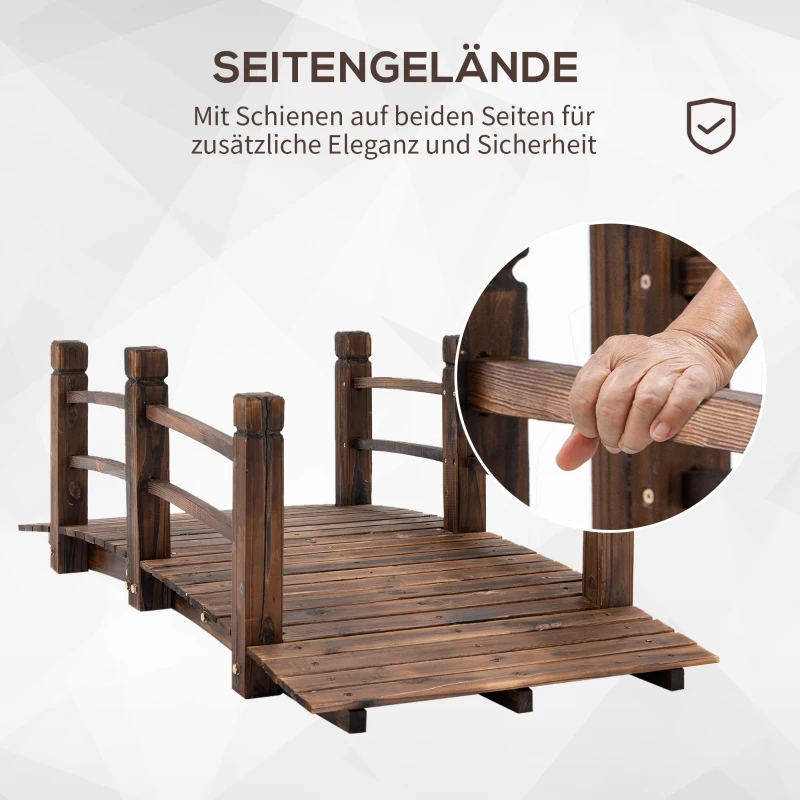 Outsunny Gartenbrücke Holzbrücke Holzsteg Teichbrücke Zierbrücke mit Geländer bis 180 kg Tannenholz Dunkelbraun 152,5 x 67 x 48 cm