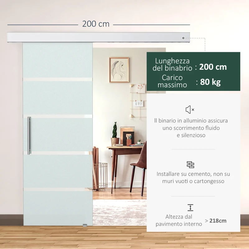 HOMCOM Porta Scorrevole Interna in Vetro Smerigliato e Satinato con Binario B2 e Maniglia per Bagno Cucina Studio Vetro 205x 77,5x 0,8cm