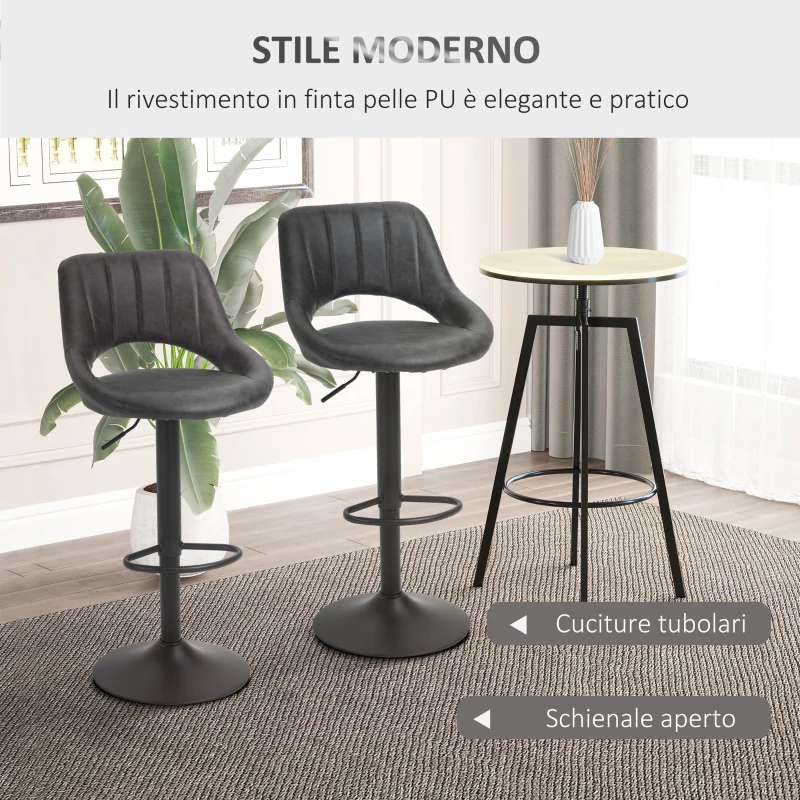HOMCOM Set 2 Sgabelli da Bar Girevoli con Schienale e Poggiapiedi, Sgabelli Alti Moderni con Altezza Regolabile Base in Metallo Seduta Finta Pelle Grigia, 47x52x87-109cm