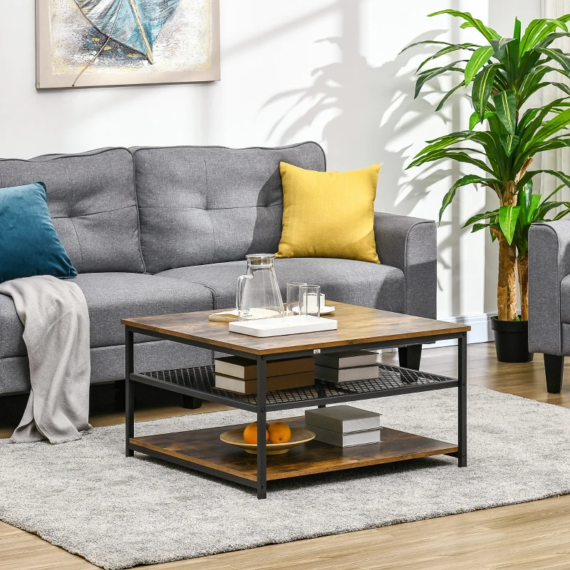 HOMCOM Coffee Table, Living Room Table with 3-Tier Storage Shelves, Square Tea Table for Home Office, Rustic Brown