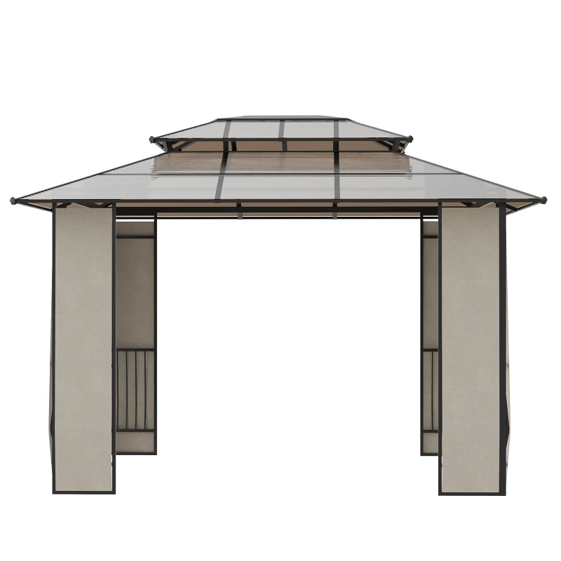 Outsunny Gazebo da Giardino 3.7x3m con Tetto in Policarbonato a 2 Livelli, Acciaio e Alluminio, Marrone