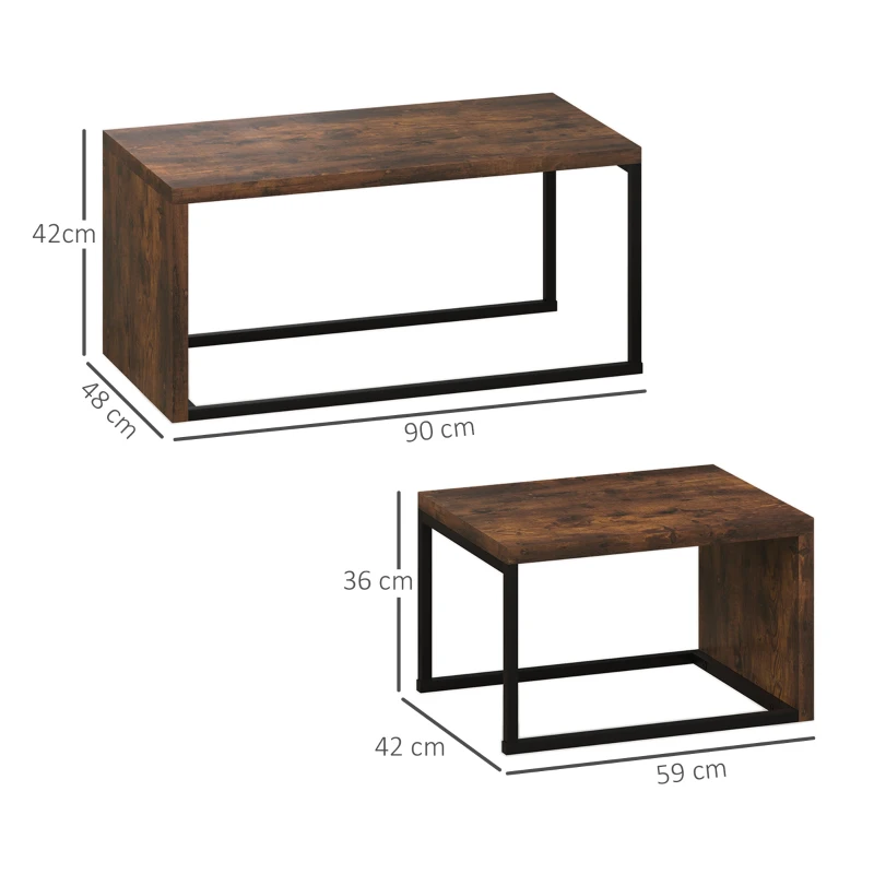 HOMCOM 2er-Set Couchtisch, Sofatisch, Beistelltisch, MDF, Metall, 90 x 48 x 42 cm/59 x 42 x 36 cm, Schwarz+Braun(m-3)