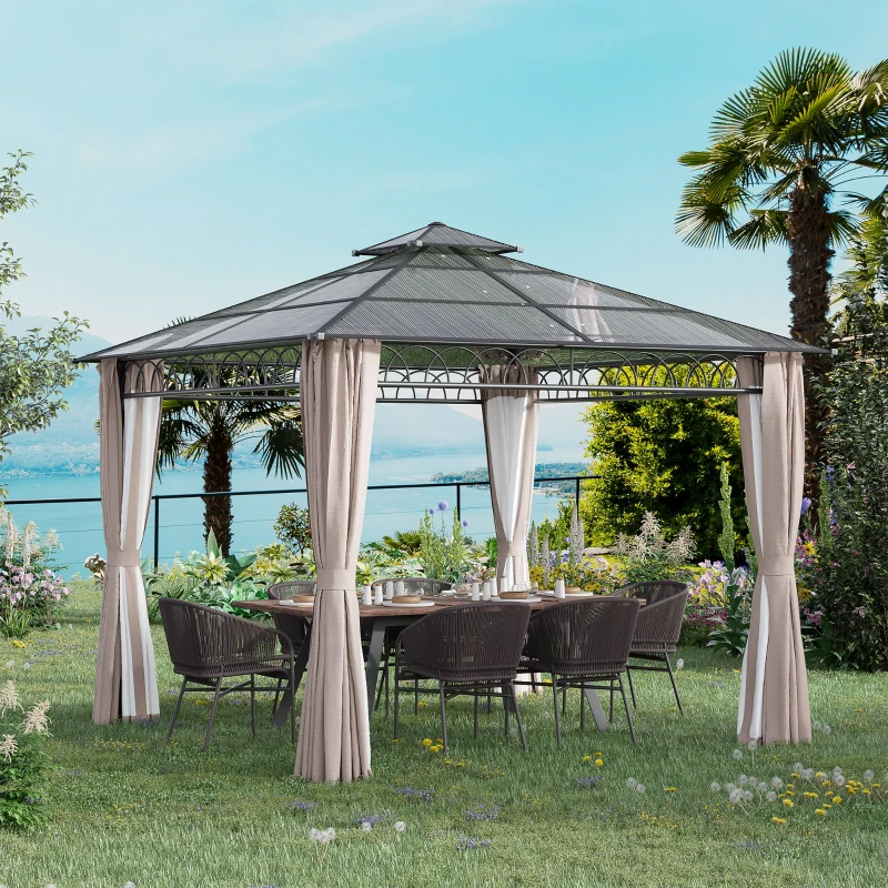 Outsunny 3 x 3 (m) Outdoor Polycarbonate Gazebo, Double Roof Hard Top Gazebo with Galvanised Steel Frame, Nettings & Curtains for Garden, Lawn, Patio and Deck, Khaki
