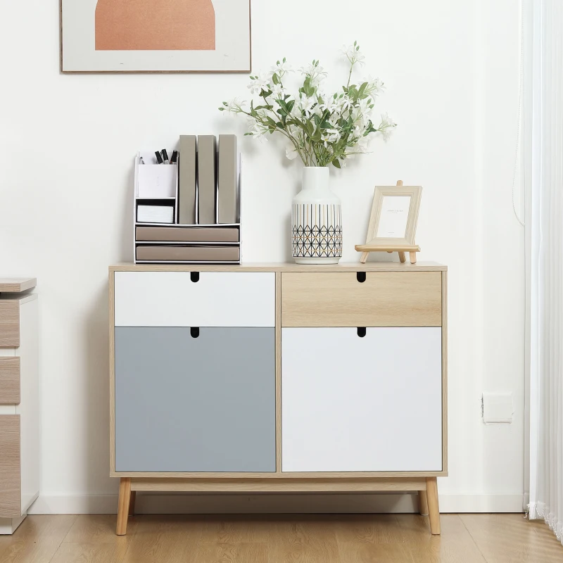HOMCOM Aparador Auxiliar Mueble de Almacenamiento de Salón con 2 Armarios Cerrados y 2 Cajones Patas Elevadas de Madera de Pino para Cocina Dormitorio Entrada 100x40x79,5 cm Multicolor(m-7)
