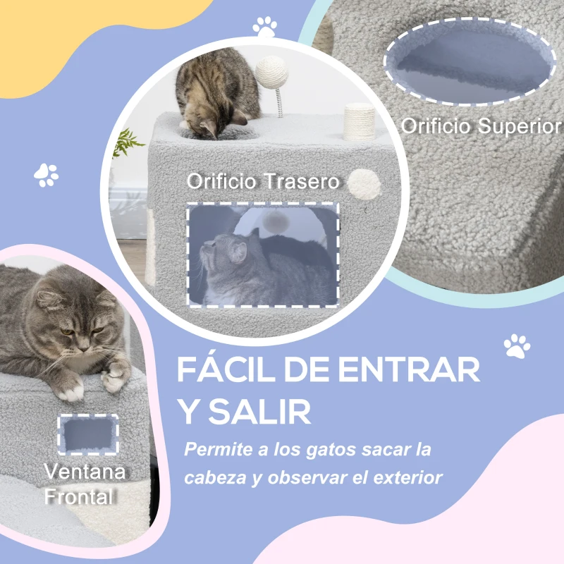 PawHut Túnel para Gatos con Cueva Tubo de Juguete para Mascotas con Orificio Superior y Bola Colgante 48x95x58 cm Gris
