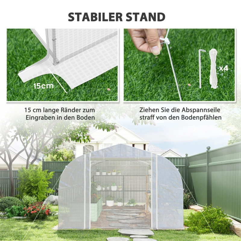 Outsunny 6x3x2 m Gewächshaus, begehbar, 8 Fenster, Tür, Fliegennetze, Metallgestell, Weiß
