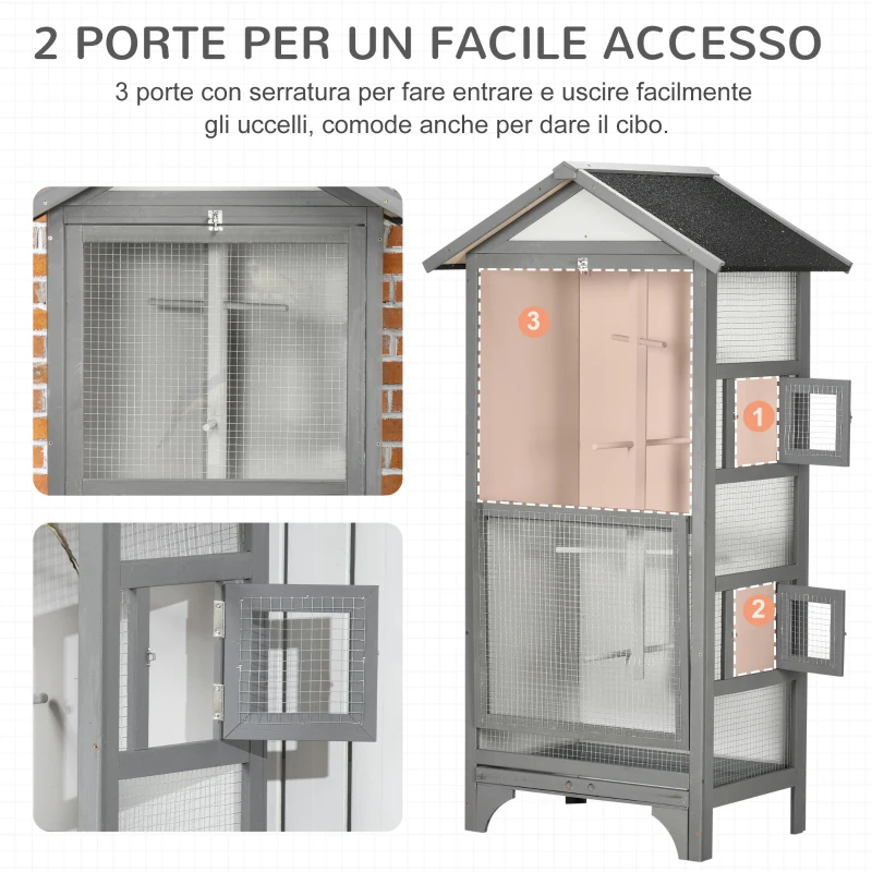 PawHut Voliera per Uccelli da Esterno in Legno di Abete, 80.5x57x158.5cm, Grigio Chiaro