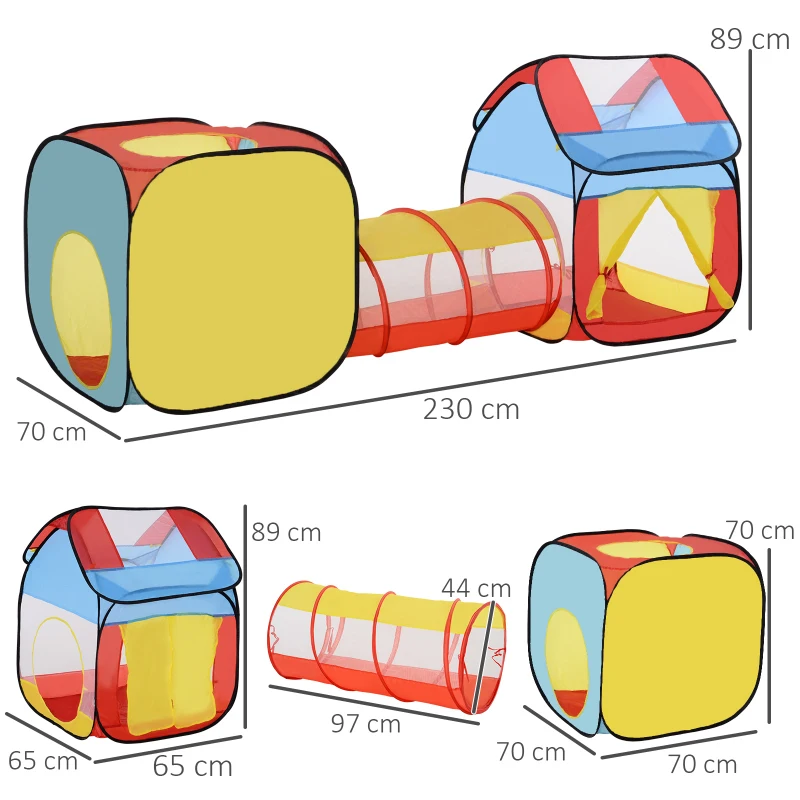 HOMCOM Tenda Gioco per Bambini 3+ con Tunnel e Casetta, per Indoor e Outdoor (230x70x89cm), Sistema Pop-up