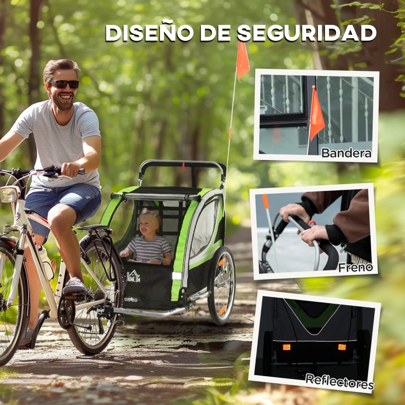 HOMCOM Remolque de Bicicleta para Niños +18 Meses 2 en 1 Cochecito de Paseo de 2 Plazas con Freno de Mano Cinturón de Seguridad Bandera y Reflectores 142x75x101 cm Verde