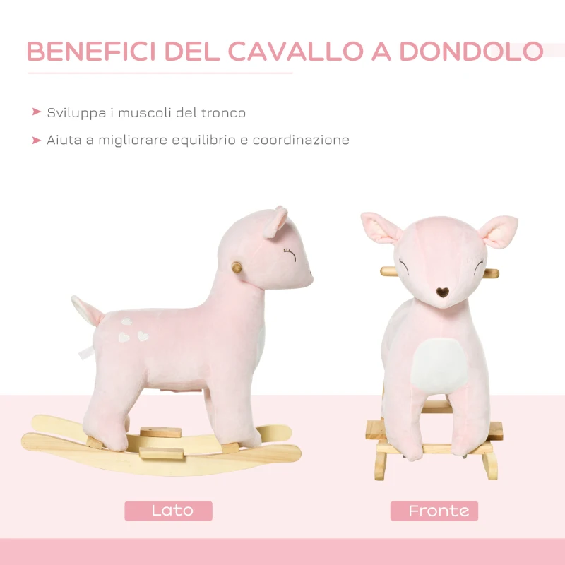HOMCOM Cavallo a Dondolo per Bambini 36-72 Mesi, Gioco Cavalcabile per Bambini a Forma di Cervo con Suoni in Peluche Rosa, 68x35.5x64cm