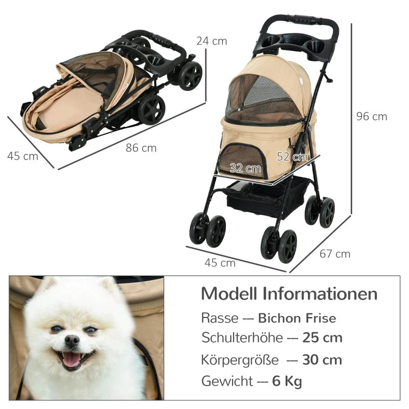 PawHut Hundewagen Hundebuggy, klappbar, 2 Sicherheitsleinen, 2 Becherhalter, 67 x 45 x 96 cm, Khaki(m-3)
