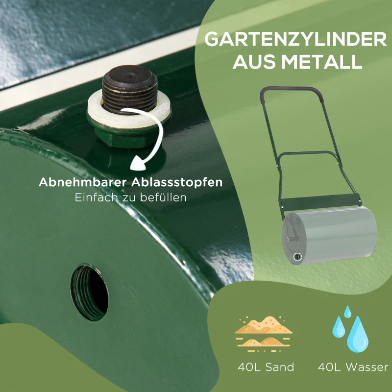 Outsunny Rasenwalze mit U-Griff Gartenwalze Gartenrolle 31 cm Durchmesser 40 L Wasser-/Sandfüllung  49 cm Arbeitsbreite Metall Grün