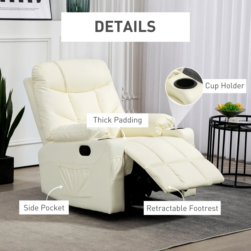 HOMCOM Manual Reclining Chair, Recliner Armchair with Swivel, Faux Leather, Footrest, Cup Holders, 86x93x102cm, Cream