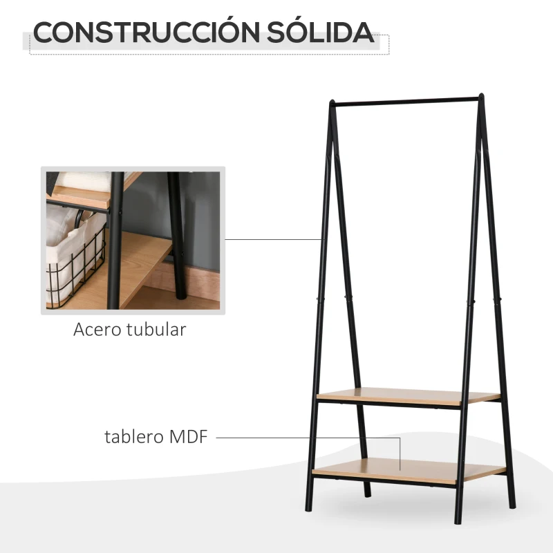 HOMCOM Perchero de Ropa Perchero de Pie con 2 Estantes de Almacenamiento Barra para Colgar y Marco de Acero 64x42,5x149cm Negro