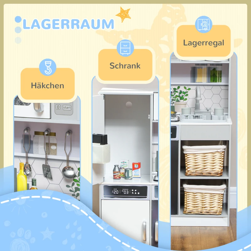 AIYAPLAY Spielküchen-Set mit Edelstahl-Geschirrset, Herd, Spüle mit Wasserkreislauf, Licht- & Soundeffekte, Weiß(m-8)