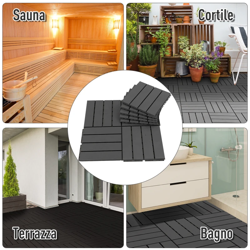 Outsunny Set 9 Mattonelle a Incastro per Terrazzo, Piastrelle per Pavimenti, Piastrelle per Esterno in PP Antiscivolo, Area: 0.81 mq, 30x30x2cm, Nero