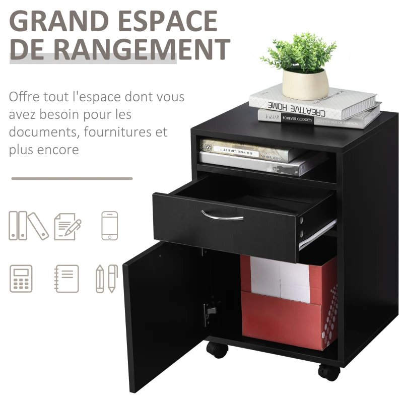 HOMCOM Caisson de bureau rangement bureau sur roulettes tiroir placard niche panneaux particules noir