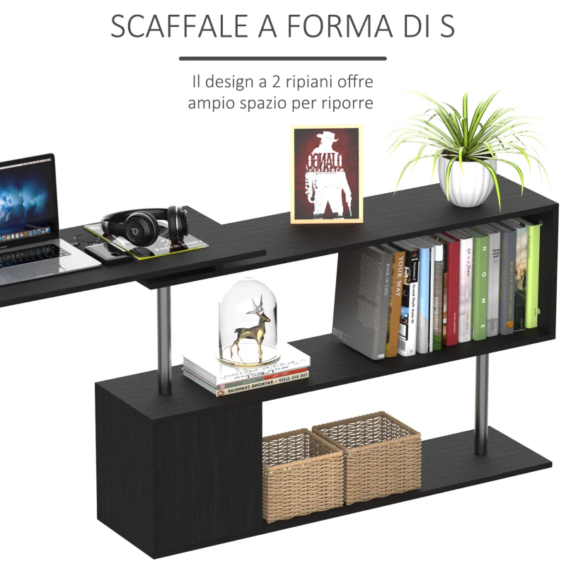 HOMCOM Scrivania Angolare Salvaspazio con Ripiano a S, Scrivania Moderna in Legno, 140x120x78 cm, Nero