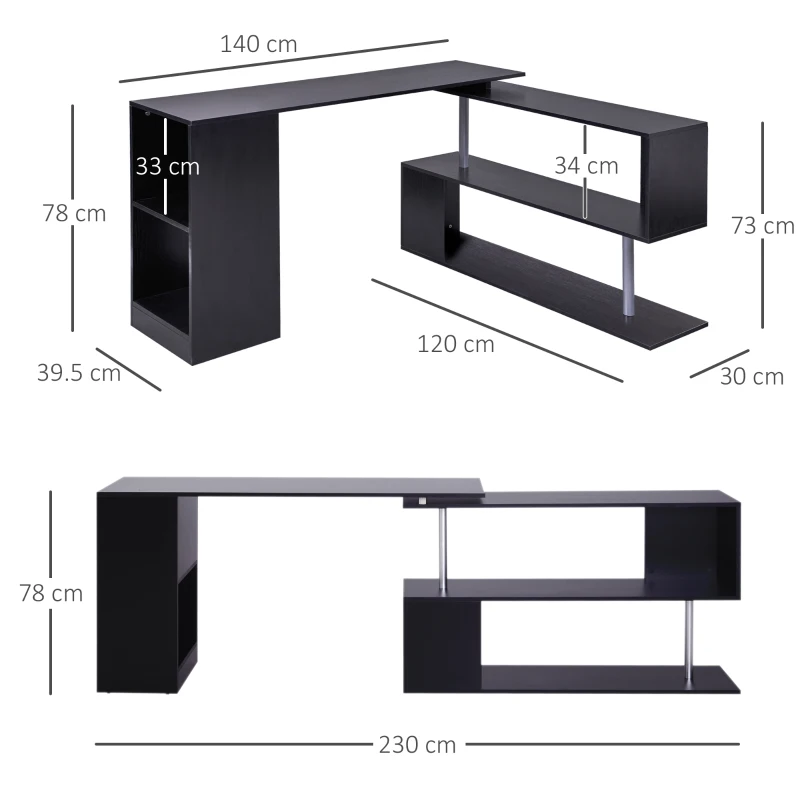 HOMCOM Scrivania Angolare Salvaspazio con Ripiano a S, Scrivania Moderna in Legno, 140x120x78 cm, Nero
