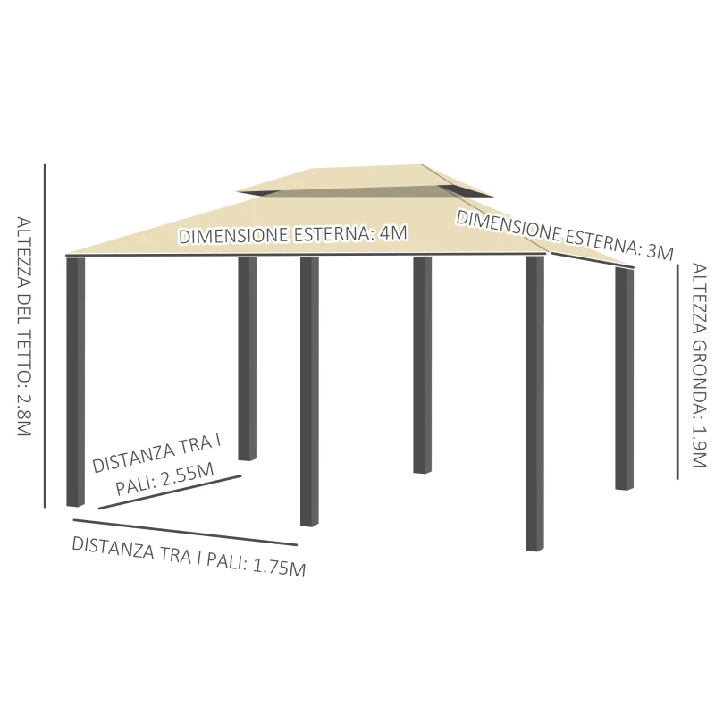 Outsunny Gazebo da Giardino 3x4m con Pareti Rimovibili, Pannelli Solari e Luci a LED, Cachi
