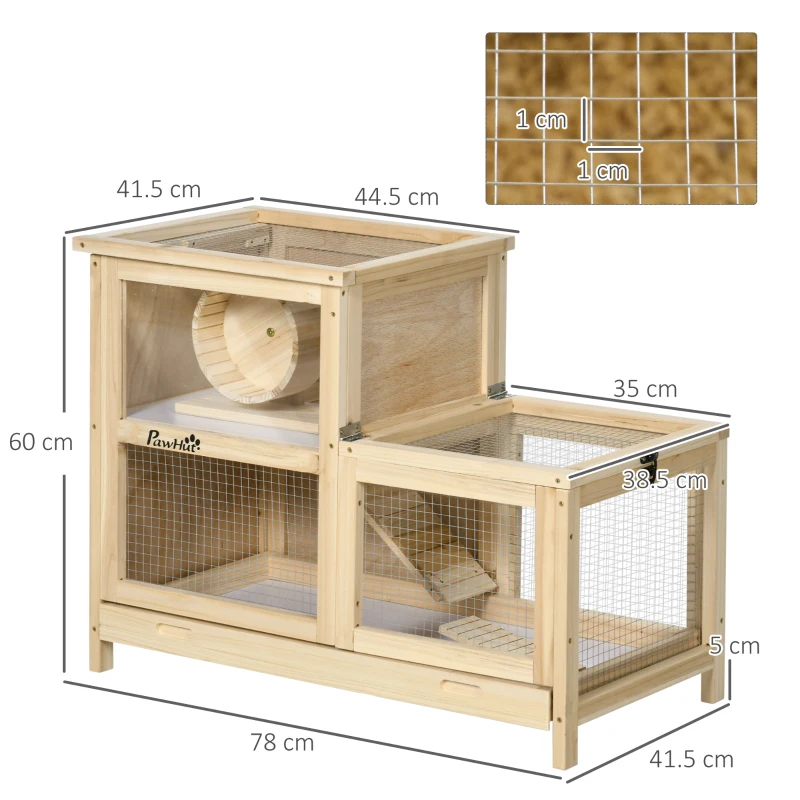 PawHut Wooden Hamster Cage with Sliding Tray, 2 Tiers Gerbil Cage Mice Rodent Small Animal Hutch with Run Area, Openable Roofs, Ramp, Seesaw, Running Wheel, 78 x 41.5 x 60 - Natural