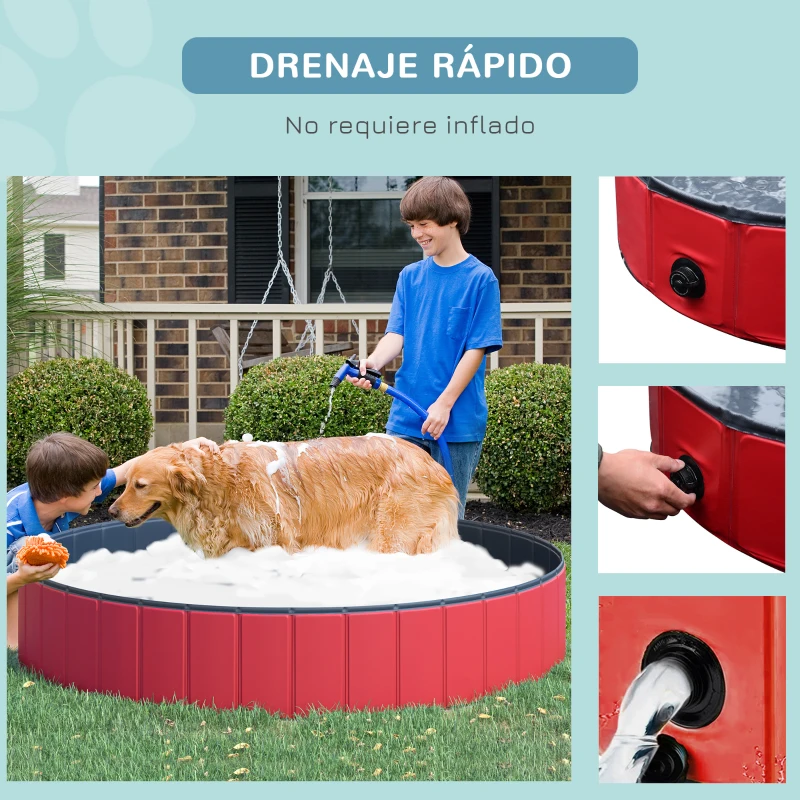 PawHut Piscina Plegable para Perros Gatos Ø160x30 cm Bañera Portátil para Mascotas PVC Antideslizante Múltiples Usos para Interiores y Exteriores Rojo
