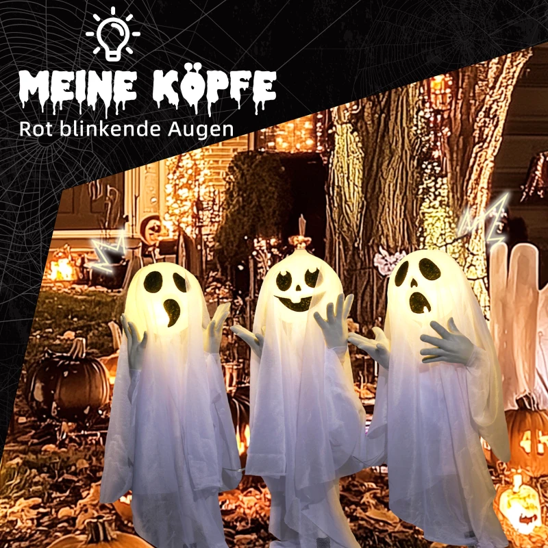 HOMCOM Halloweendekoration, 3 leuchtende Geister, Bewegungssensor, 54 x 10 x 60 cm, Weiß(m-4)