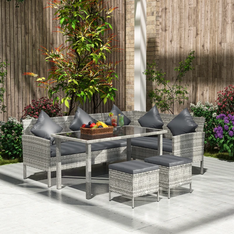 Outsunny tsunny 6-Seater Rattan Dining Set Sofa Table Footstool Outdoor w/ Cushion Garden Furniture, Dark Grey
