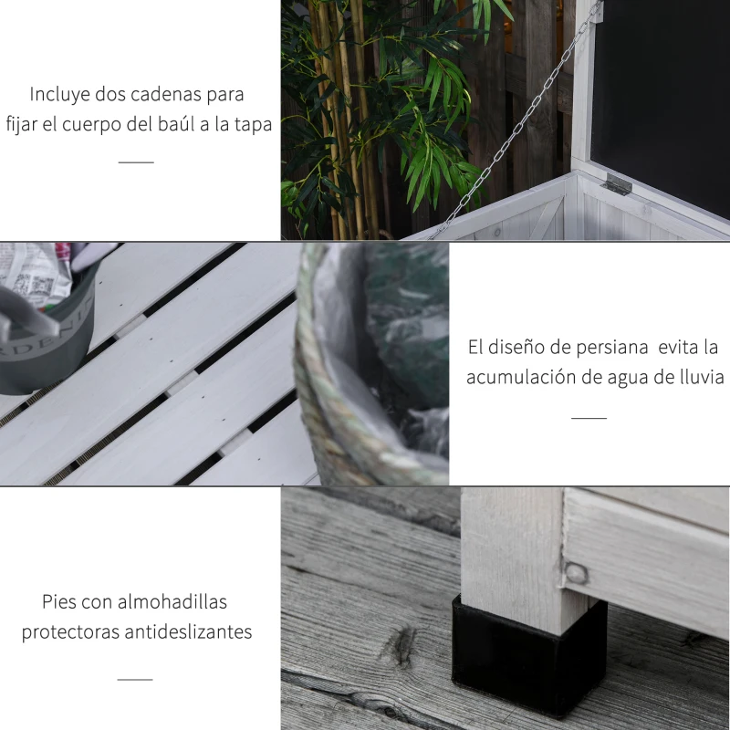 Outsunny Baúl de Almacenaje Exterior 284L Arcón de Jardín de Madera Impermeable con Tapa Abrible y Diseño Persiana 127x56x60 cm Blanco