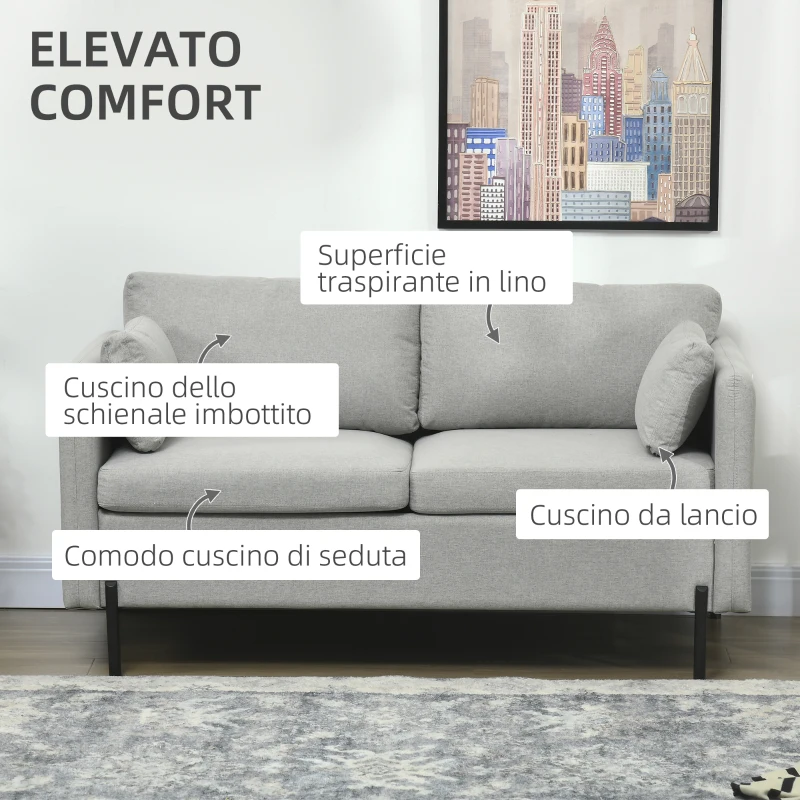 HOMCOM Divano 2 Posti per Soggiorno in Tessuto Effetto Lino e Acciaio con Tasche Laterali, 143x73x77cm, Grigio