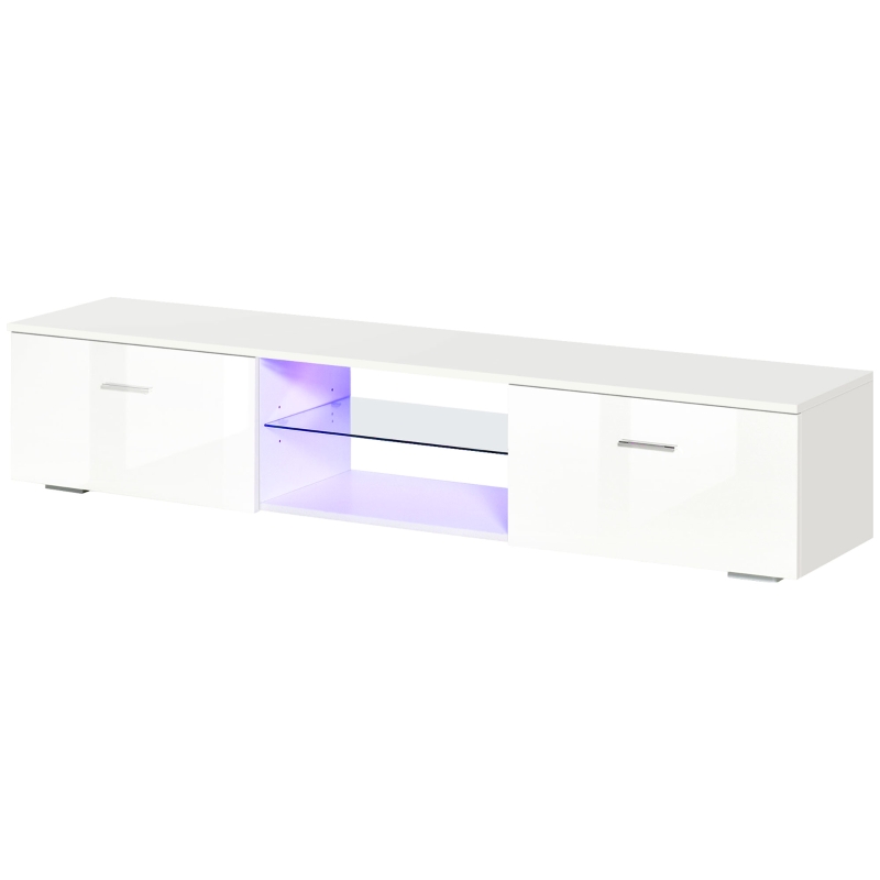 HOMCOM Meuble TV LED Style Contemporain - 2 placards Porte abattante, étagère Verre - Panneaux Particules MDF Blanc laqué