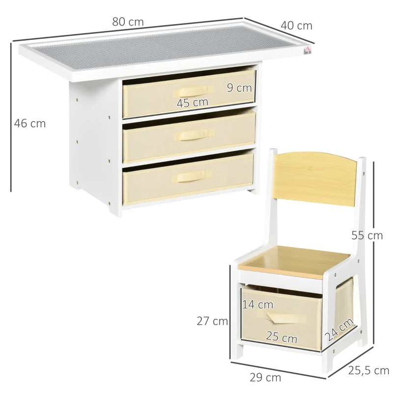HOMCOM Juego de Mesa y Sillas Infantil de Madera 3 en 1 con 5 Cajones Tejidos de Almacenaje Mesa de Actividades para Bloques de Construcción y con Mapa de Ruta Color Natural