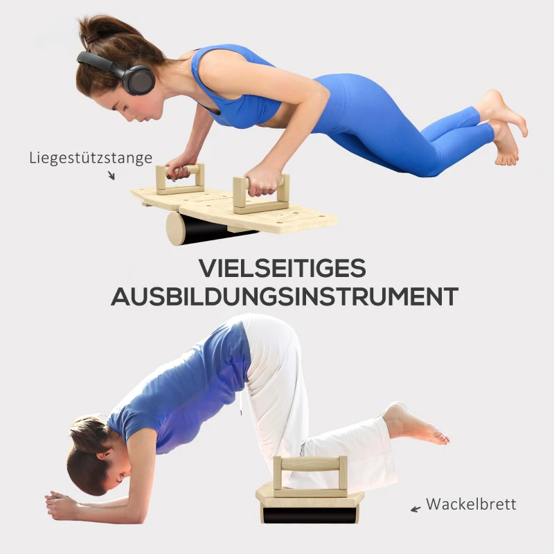 SPORTNOW Push Up Bars Set, Liegestützgriffe mit Trainingsboard & Widerstandsbändern, Holz