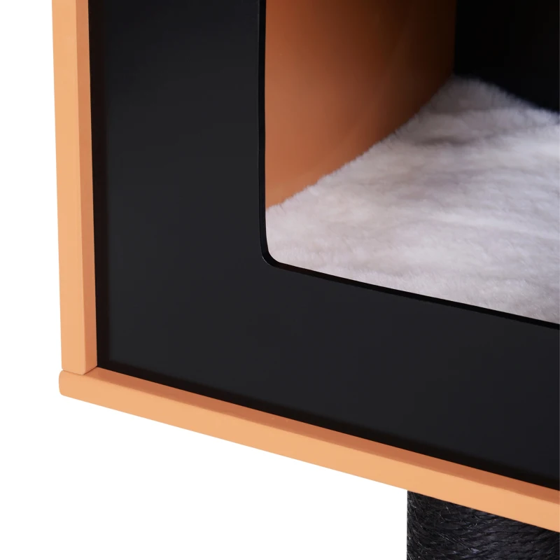 PawHut Arbre à chats design contemporain griffoirs grattoirs sisal naturel centre d'activités niche plate-formes jeu boules suspendues 71,5L x 49,5l x 120H cm MDF noir hêtre