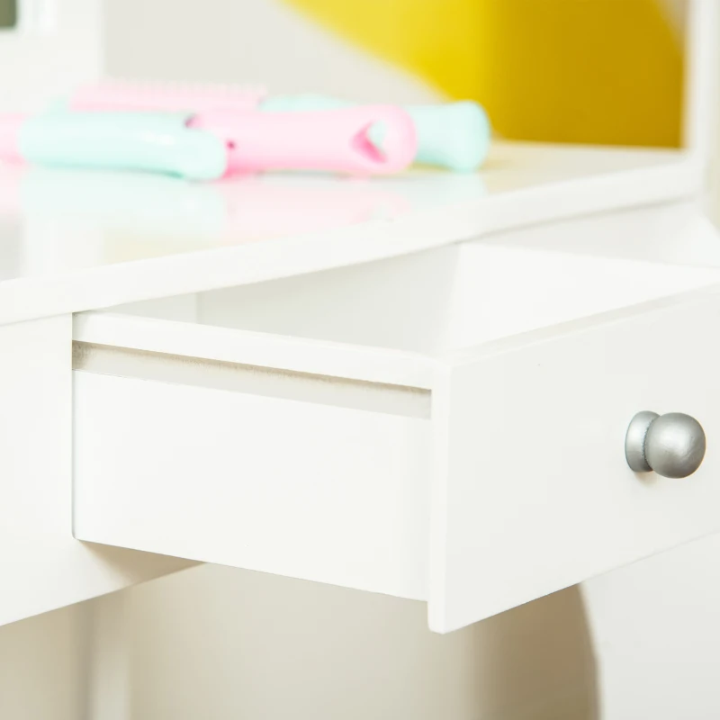 HOMCOM Coiffeuse Enfant avec Tabouret, Miroir triptyque et tiroir Coulissant - Coiffeuse dim. 63L x 40l x 85,5H cm - Blanc Acrylique