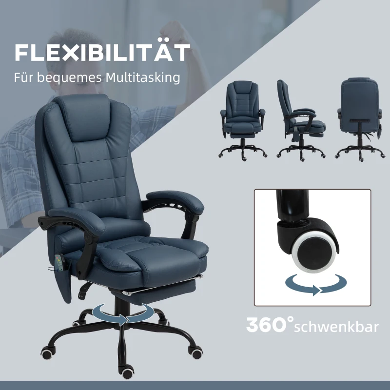 Vinsetto Massage-Bürostuhl, 7 Vibrationspunkte, verstellbare Fußstütze & Lehne, bis 120 kg, Lederoptik, Blau(m-7)