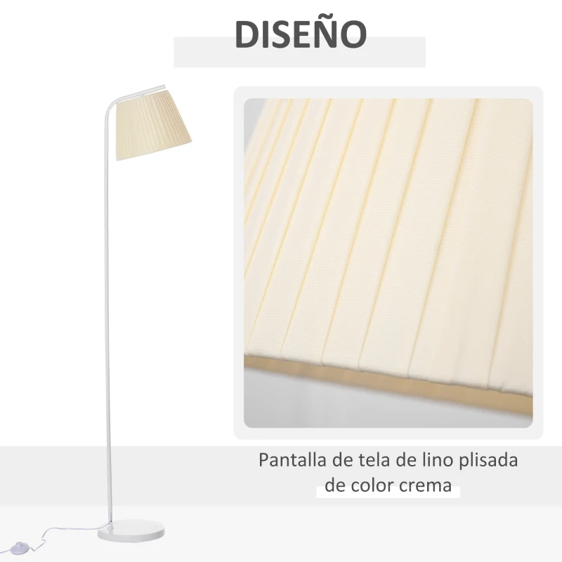 HOMCOM Lámpara de Pie Lámpara de Lectura Moderna con Pantalla de Lino Plisada Interruptor de Pedal para Dormitorio Sala de Estar Ø25x165 cm Blanco y Crema