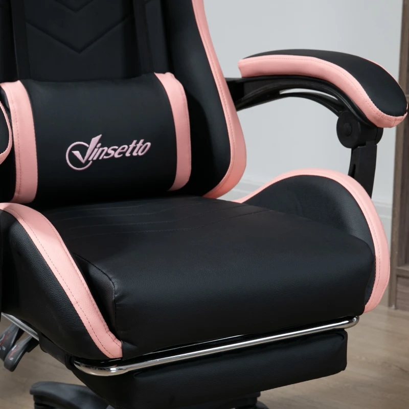 Vinsetto Silla Gaming Silla Gamer de Cuero PU Reclinable 135° Reposacabezas y Reposapiés 65x65x121-129 cm Negro y Rosa