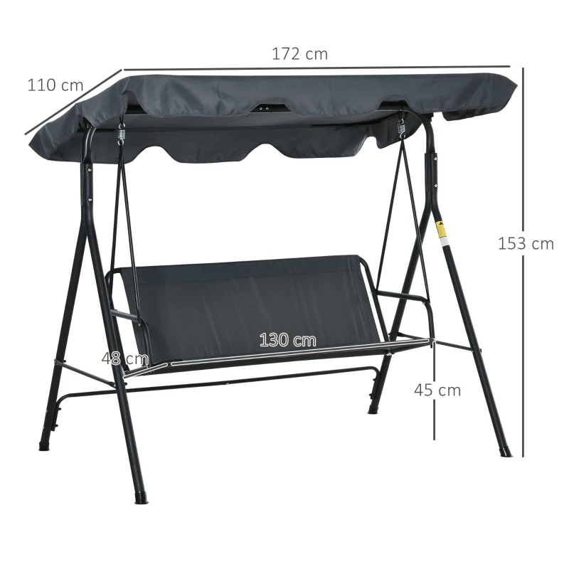 Outsunny Balancelle de Jardin 3 Places Toit Inclinaison réglable Coussins Assise et Dossier 1,72L x 1,1l x 1,53H m Acier époxy Noir Polyester Gris