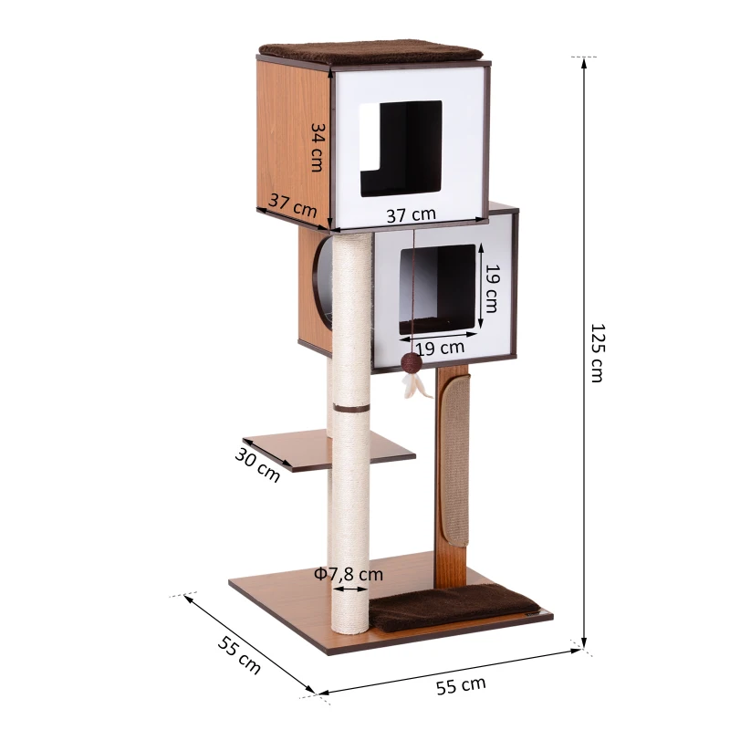 PawHut Arbre à chats design contemporain griffoirs grattoirs sisal naturel niches plateformes jeu boule suspendue 55L x 55l x 125H cm MDF hêtre brun