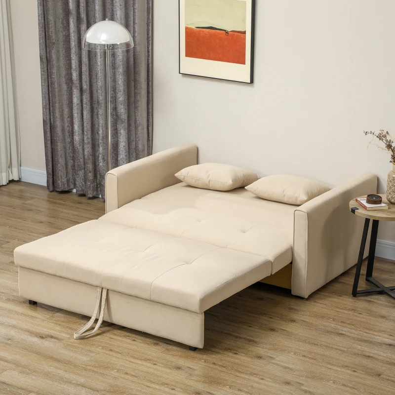 HOMCOM Sofá Cama de 2 Plazas Tapizado en Algodón con 2 Cojines Desmontables y Base de Almacenaje 152x101x81 cm Beige