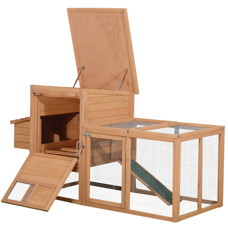 PawHut Gallinero de Madera para Exterior Jaula para Gallinas Grande con Zona Abierta Ponedero Bandeja Extraíble Techo Asfáltico Abatible y Rampa 190x81x103 cm Natural